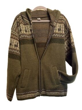Andino Artesanias 100% Alpaca Wool Zip Cardigan Hooded Llama Boho Cozy Sweater